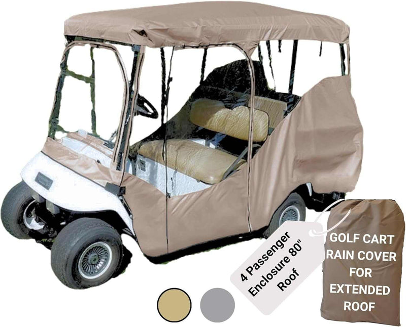 The Formosa Covers 4 Passenger Golf Cart Driving Enclosure in Taupe snugly encloses a four-seater golf cart with an 80" long roof, featuring transparent windows and a secure fit around both the seats and the wheels. Next to it, a bag labeled "4 Passenger Golf Cart Driving Enclosure Cover for Extended Roof" underscores this indispensable golf cart accessory.