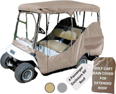 The Formosa Covers 4 Passenger Golf Cart Driving Enclosure in Taupe snugly encloses a four-seater golf cart with an 80