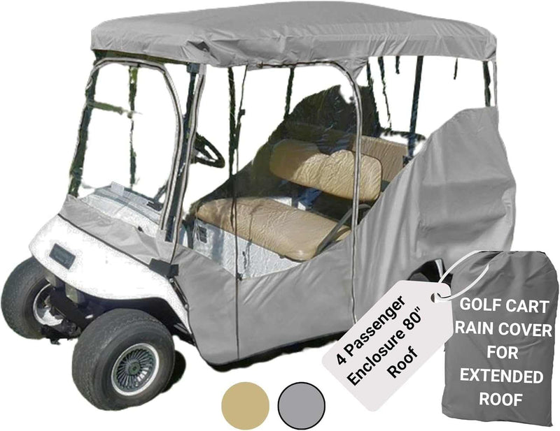 A four-passenger golf cart features the Formosa Covers 4 Passenger Golf Cart Driving Enclosure Cover in gray, designed for an 80" long roof. The cover is clear on the sides and rear with zippered openings, and a product tag reads: "GOLF CART RAIN COVER FOR EXTENDED ROOF," accompanied by a sample fabric swatch.