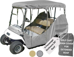 A four-passenger golf cart features the Formosa Covers 4 Passenger Golf Cart Driving Enclosure Cover in gray, designed for an 80