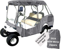 A gray 2+2 Passenger Golf Cart Driving Enclosure Cover by Formosa Covers, designed for a 4-passenger short roof of 58 inches, includes transparent sides and a YKK door zipper for convenient entry. In the foreground, a bag displays 