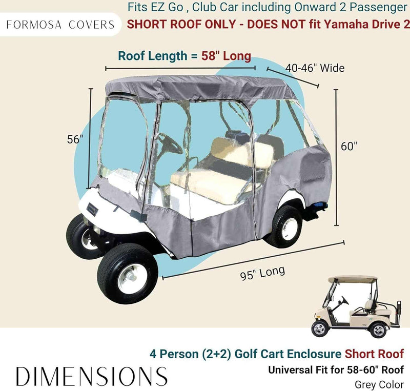 The Formosa Covers 2+2 Passenger Golf Cart Driving Enclosure Cover is a durable option designed for 4-person carts. It features YKK door zippers and transparent windows, accommodates roofs up to 58 inches, and has dimensions of 95" length, 40-46" width, and 58" height. This enclosure universally fits roofs between 58-60 inches but is not compatible with the Yamaha Drive 2.