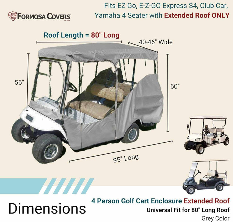 Image of the Formosa Covers 4 Passenger Long Roof Golf Cart Enclosure in grey, designed for optimal weather protection. This enclosure is compatible with EZ Go, E-Z-GO Express S4, Club Car, and Yamaha models. It features an 80" roof length and measures a total of 95". The image includes a before-and-after comparison to highlight the golf cart enclosure's effectiveness.