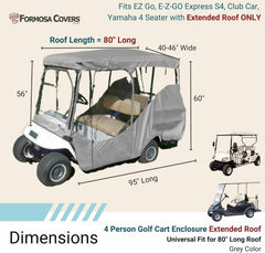 Image of the Formosa Covers 4 Passenger Long Roof Golf Cart Enclosure in grey, designed for optimal weather protection. This enclosure is compatible with EZ Go, E-Z-GO Express S4, Club Car, and Yamaha models. It features an 80