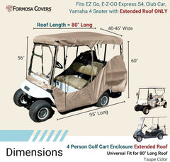 A Formosa Covers 4 Passenger Golf Cart Driving Enclosure Cover, in taupe and designed for four-seater carts with an 80