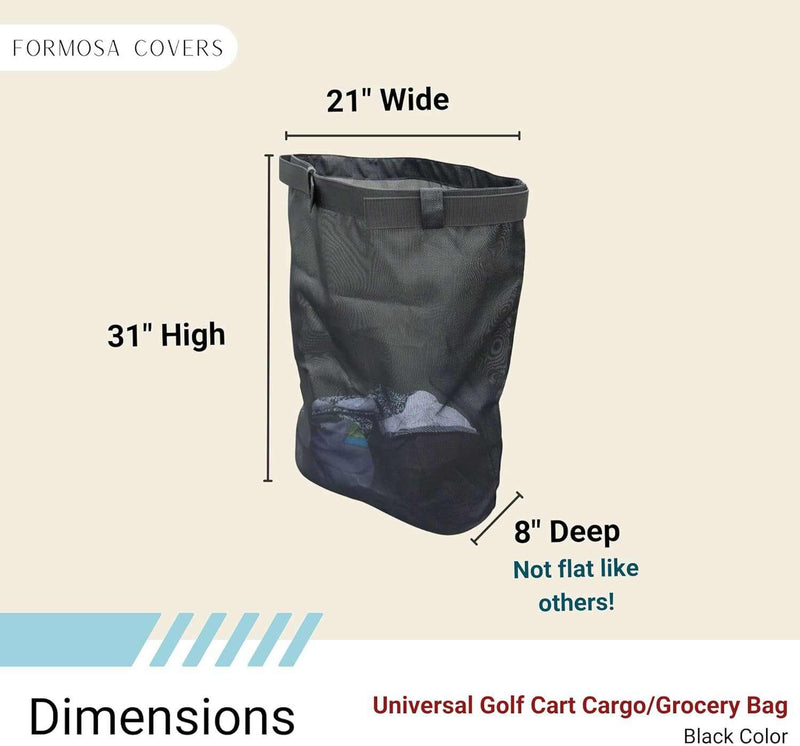 Image of the black Golf Cart Mesh Utility Grocery Bag Attachment by Formosa Covers, featuring a universal fit and constructed from durable fabric. The bag dimensions are 21 inches in width, 31 inches in height, and 8 inches in depth. The description emphasizes its form and depth, noting it is "not flat like others," with additional ventilation mesh to enhance breathability.