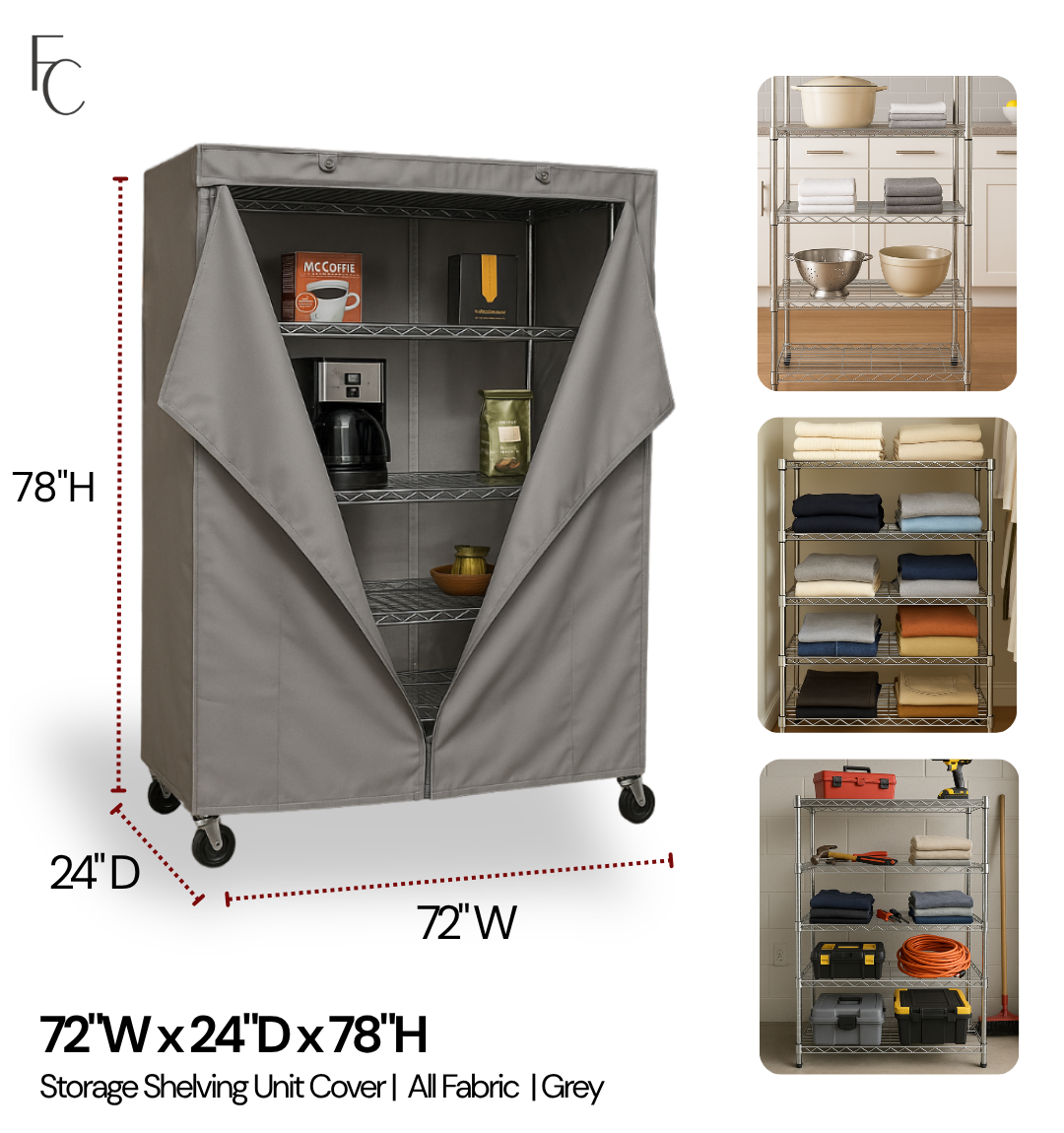 Storage Shelving Unit Cover, fits racks 72"W x 24"D x 78"H in Grey