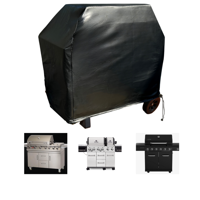 A Formosa Covers BBQ Outdoor Grill Cover measuring 75"L x 26"D x 48"H in black vinyl, is displayed at the top. Below it are three uncovered grills side by side: one in silver, one in white, and one in black. Each grill features multiple knobs, cooking surfaces, and storage compartments. Enjoy all-weather protection for every grilling season with this durable cover.