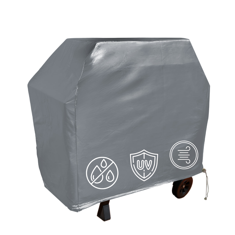 A grey Formosa Covers BBQ Outdoor Grill Cover, measuring 75"L x 26"D x 48"H, is draped over a BBQ grill. Made from waterproof vinyl, it features three icons: a water droplet for water resistance, a UV shield for UV protection, and wavy lines representing air circulation. The grill's wheels and legs are partially visible at the bottom.