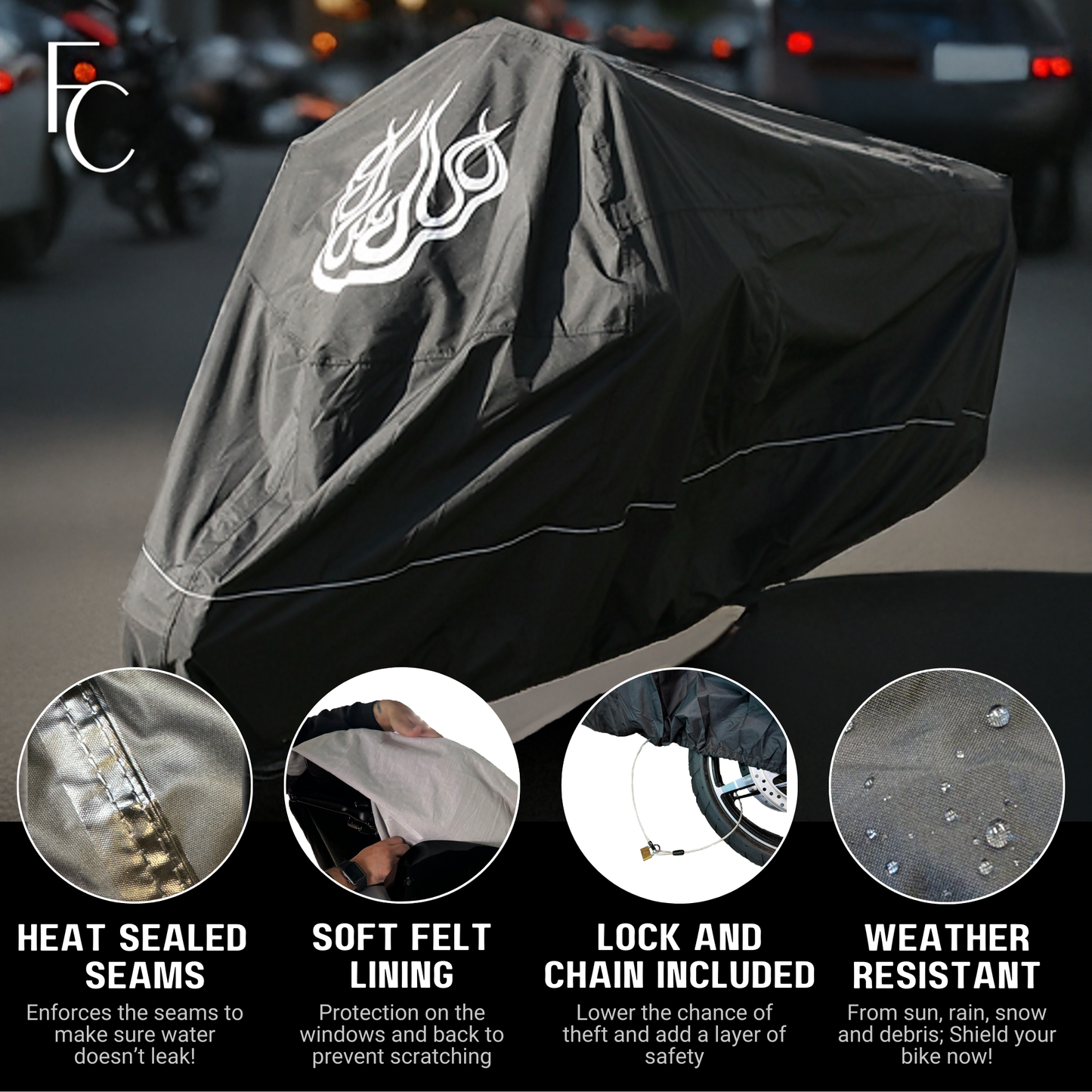 The Premium Motorcycle Cover with Night Reflector and Flame Emblem (XXL) in Black by Formosa Covers offers heavy-duty protection featuring UV-treated material and heat-sealed seams. Its design includes a soft felt lining and comes with a lock and chain, ensuring it effectively resists weather conditions such as sun, rain, snow, and debris.