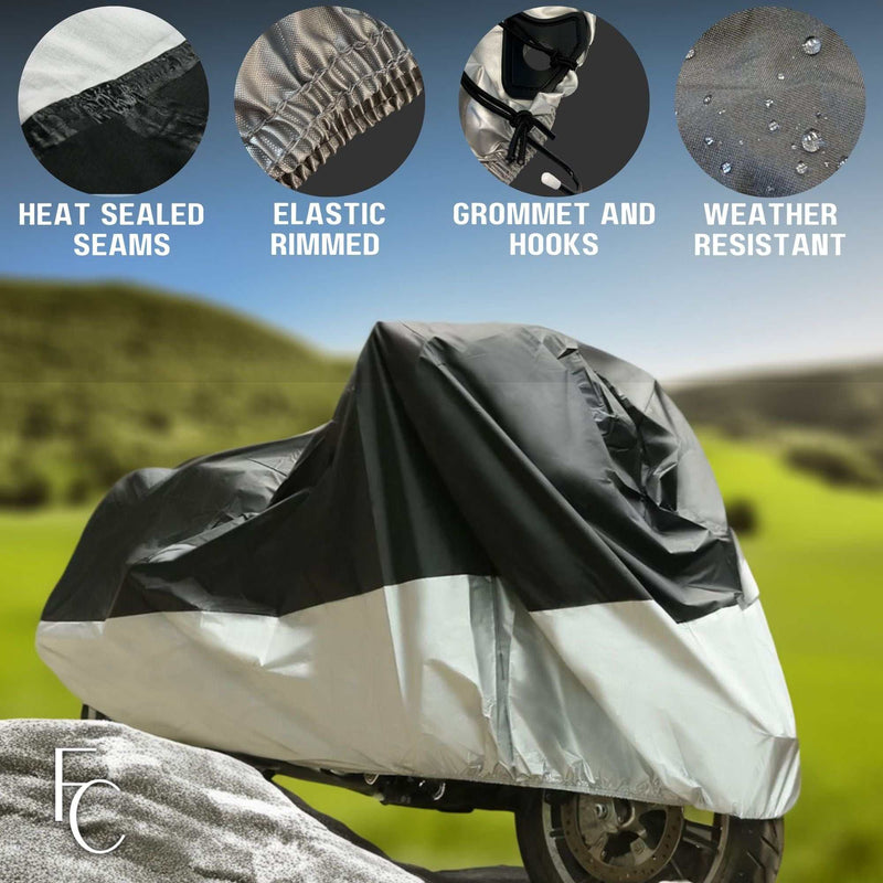 Image of a Formosa Covers Light Weight Motorcycle Cover (XL) with Cable & Lock in a grassy landscape. The cover, designed for sport bike protection and fitting motorcycles up to 94" in length, features WeatherWarrior fabric, heat-sealed seams, elastic-rimmed edges, grommets, and hooks. Four circular insets at the top detail these features.