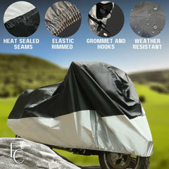 Image of a Formosa Covers Light Weight Motorcycle Cover (XL) with Cable & Lock in a grassy landscape. The cover, designed for sport bike protection and fitting motorcycles up to 94