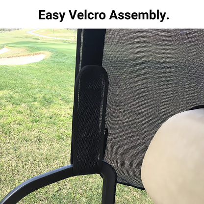Close-up of the Formosa Covers Golf Cart Sun Shade UV Mesh Top Cover for an 80" long roof, showcasing its innovative mesh panel design attached to a black frame using a Velcro strap, set against a grassy field and bunker in the background. The text above the image reads "Easy Velcro Assembly.