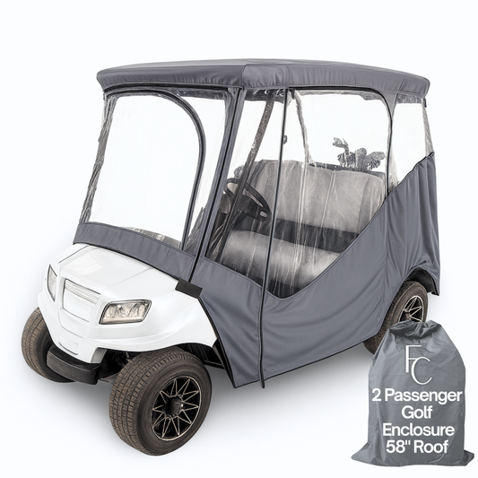 Grey 2 passenger driveable golf cart enclosure cover with clear PVC windows and YKK door zippers for weather protection