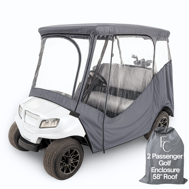 Grey 2 passenger driveable golf cart enclosure cover with clear PVC windows and YKK door zippers for weather protection