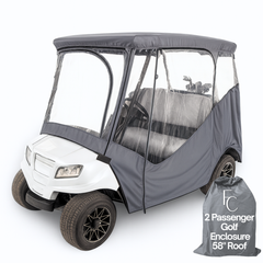 Grey 2 passenger driveable golf cart enclosure cover with clear PVC windows and YKK door zippers for weather protection