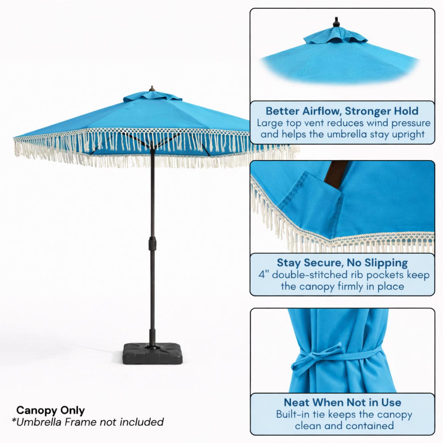 9ft 8 Ribs Replacement Umbrella Canopy w/ Tassels in Capri Blue (Canopy Only) - Formosa Covers