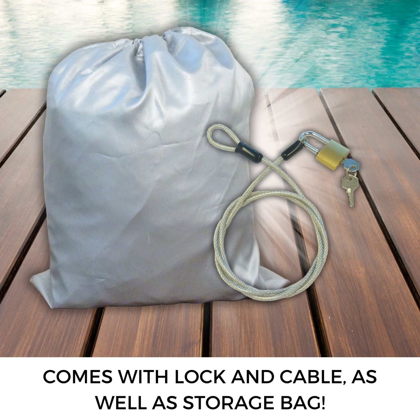 The weather-resistant Deluxe Scooter, Moped, or Vespa Cover - Medium from Formosa Covers is placed on a wooden surface near a pool. Next to this grey cover are a cable lock, a carabiner, and a key. Text at the bottom reads, "COMES WITH LOCK AND CABLE, AS WELL AS STORAGE BAG!