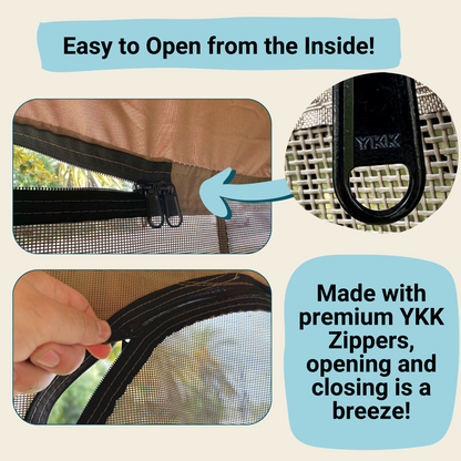 The image is a collage showing a close-up of a hand effortlessly operating a zipper on the window of the 2+2 Passenger Golf Cart Driving Enclosure Cover by Formosa Covers, highlighting its premium YKK brand zipper. Text reads "Easy to Open from the Inside!" and "Made with premium YKK Zippers, opening and closing is a breeze!"—making it the ideal accessory for your 4-Seater Golf Cart.