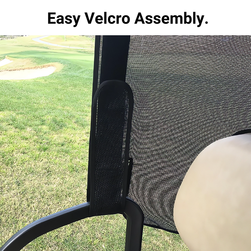 Close-up of a black Velcro strap securing the Golf Cart Sun Shade UV Mesh Top Cover For 58" Short Roof Black by Formosa Covers to a metal frame. The text "Easy Velcro Assembly." is at the top of the image. In the background, there's green grass and part of a sand bunker, indicating an outdoor setting, likely a golf course.