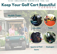 A family rides in a green golf cart on a street, highlighting the practicality of a durable utility bag. The image promotes a product with the text: 