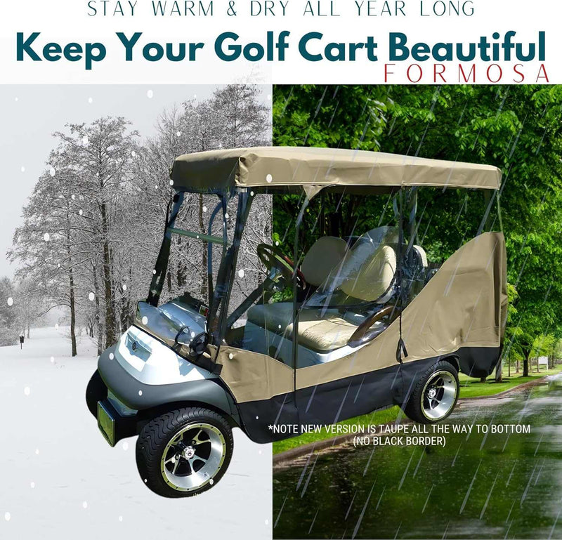 A golf cart featuring a taupe 4 Passenger Golf Cart Driving Enclosure Cover (4 Seater Long Roof 80") from Formosa Covers is depicted in contrasting weather conditions: snow-covered winter on the left and a rainy spring on the right. The text reads, "Stay Warm & Dry All Year Long with our Golf Cart Driving Enclosure - Keep Your Golf Cart Beautiful - Formosa Covers.