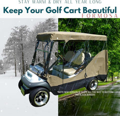 A golf cart featuring a taupe 4 Passenger Golf Cart Driving Enclosure Cover (4 Seater Long Roof 80