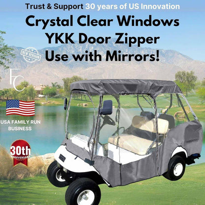 The 2+2 Passenger Golf Cart Driving Enclosure Cover by Formosa Covers, designed for a 4-passenger short roof (58") golf cart, highlights its gray cover with crystal-clear windows and a durable YKK door zipper. Celebrating 30 years of U.S. innovation, this family-run business showcases their product against a breathtaking mountain and lake backdrop.