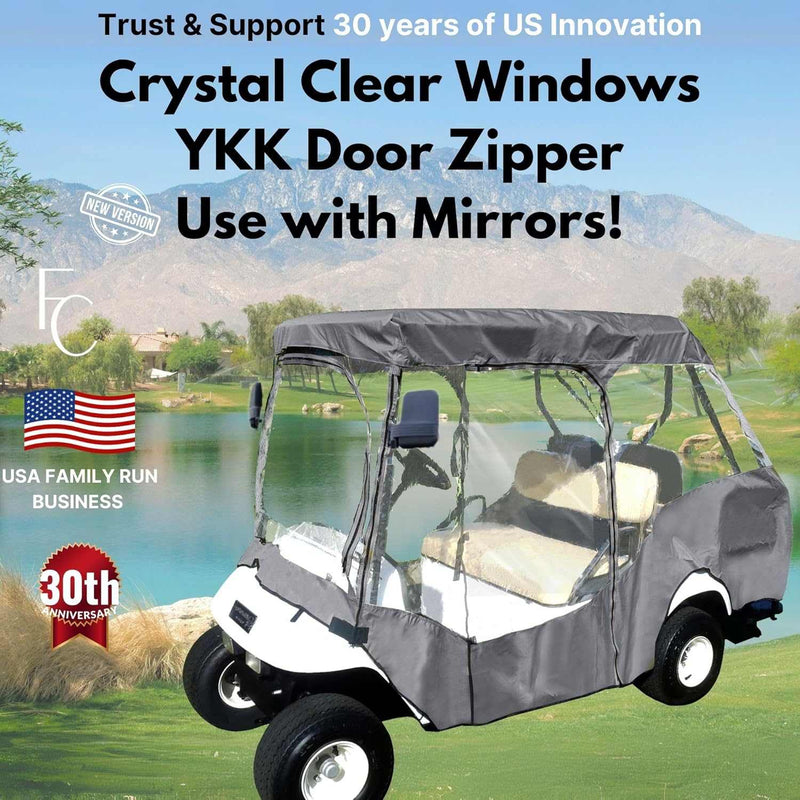 The 2+2 Passenger Golf Cart Driving Enclosure Cover by Formosa Covers, designed for a 4-passenger short roof (58") golf cart, highlights its gray cover with crystal-clear windows and a durable YKK door zipper. Celebrating 30 years of U.S. innovation, this family-run business showcases their product against a breathtaking mountain and lake backdrop.