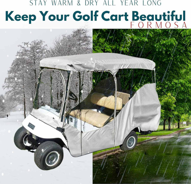 The 4 Passenger Long Roof Golf Cart Enclosure by Formosa Covers is displayed with a protective cover, split against two backgrounds: a snowy winter scene on the left and a rainy spring scene on the right. The text reads, "Stay warm & dry all year long. Maintain the beauty of your 4-passenger golf cart.