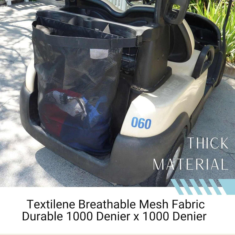 A Formosa Covers golf cart features a Golf Cart Mesh Utility Grocery Bag Attachment in breathable Textilene mesh fabric. The black storage bag at the back contains an array of colorful items, with text overlay highlighting its "Thick Material" and "Durable 1000 Denier x 1000 Denier.