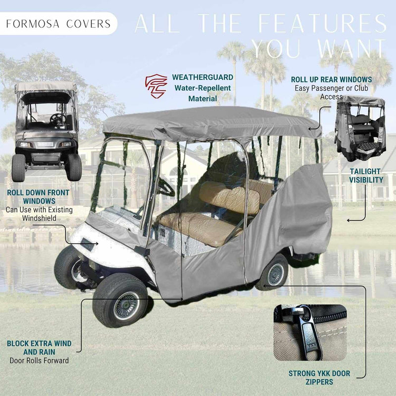 The 4 Passenger Long Roof Golf Cart Enclosure by Formosa Covers is designed to fit carts with an 80" roof and comes in gray. It features weather-resistant materials, roll-down front windows, roll-up rear windows, taillight visibility, wind and rain protection, and durable YKK zippers for the doors to ensure optimal weather protection.