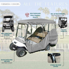 The 4 Passenger Long Roof Golf Cart Enclosure by Formosa Covers is designed to fit carts with an 80