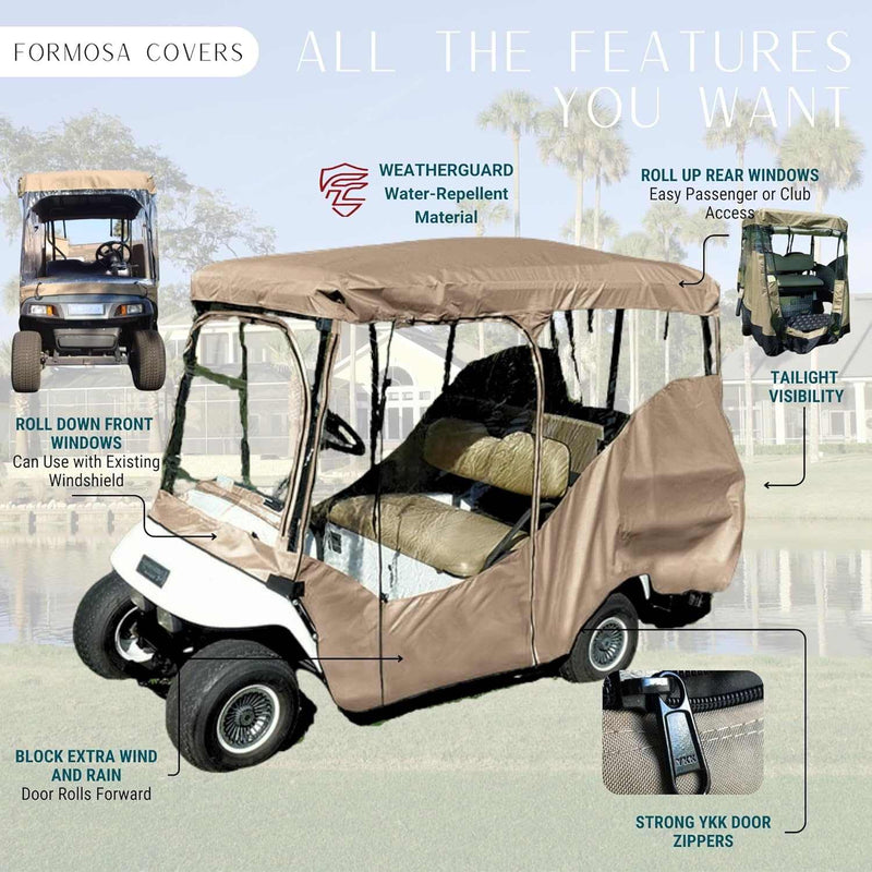 A golf cart is outfitted with a water-resistant 4 Passenger Golf Cart Driving Enclosure Cover in Taupe by Formosa Covers, featuring roll-down front and rear windows, taillight visibility, YKK zippers, and door rolls. A detailed view showcases this cover as an essential golf cart accessory in an outdoor setting by a pond.