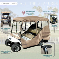 A golf cart is outfitted with a water-resistant 4 Passenger Golf Cart Driving Enclosure Cover in Taupe by Formosa Covers, featuring roll-down front and rear windows, taillight visibility, YKK zippers, and door rolls. A detailed view showcases this cover as an essential golf cart accessory in an outdoor setting by a pond.