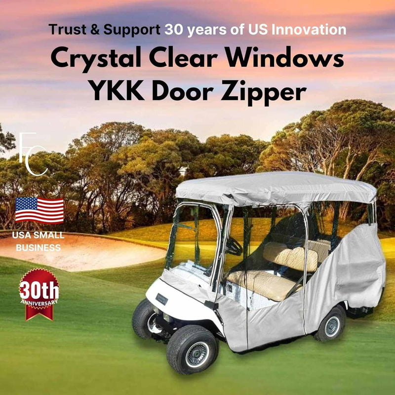 The 4 Passenger Long Roof Golf Cart Enclosure by Formosa Covers features a protective fabric with "Crystal Clear Windows" and a YKK Door Zipper, designed for weather protection. Celebrating their 30th anniversary as a USA small business, the enclosure's backdrop of trees and sunset highlights "30 years of US Innovation.