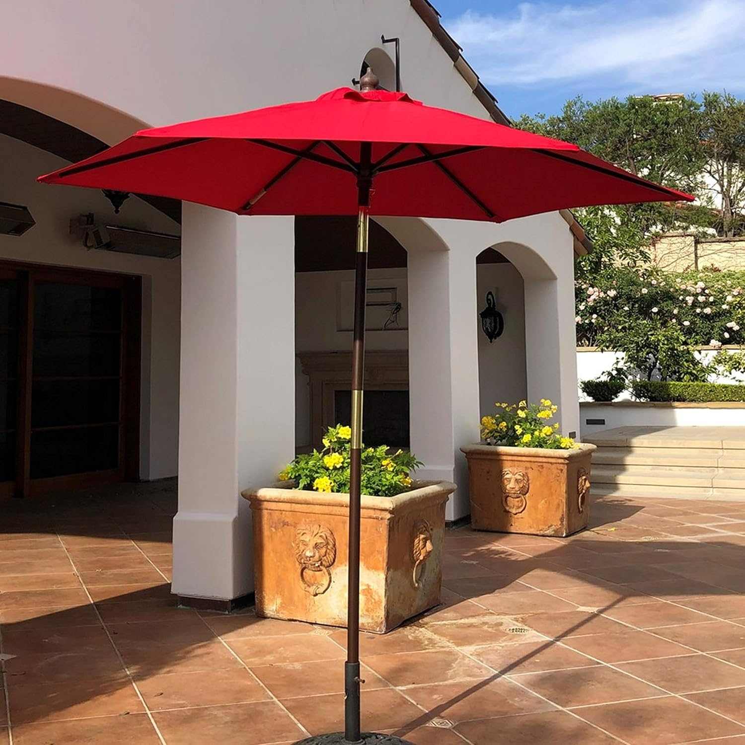 7ft Wooden Patio Garden Market Umbrella with Tilt Mechanism Red
