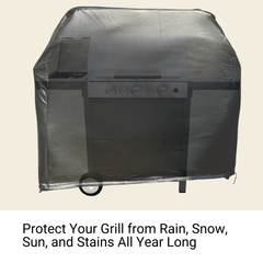 A BBQ Outdoor Grill covered by a heavy-duty Formosa Covers grill cover, shielding it from potential weather damage. The caption below reads, 