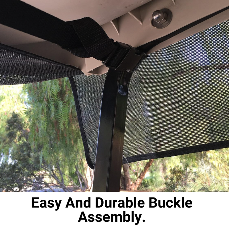 A close-up view of the Golf Cart Sun Shade UV Mesh Top Cover For 58" Short Roof Black from Formosa Covers shows the black buckle assembly securing the mesh shade to a metal frame with a strap. The background reveals lush outdoor greenery, highlighting how this easy and durable buckle system provides protection against UVA/UVB rays.