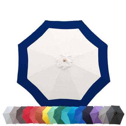 A large, white, UV-treated 9ft Market Patio Umbrella from Formosa Covers with a dark blue trim is displayed from a top-down perspective. Below it, eleven smaller folded umbrellas in various colors—gray, red, orange, yellow, green, blue, purple and black—are neatly lined up.