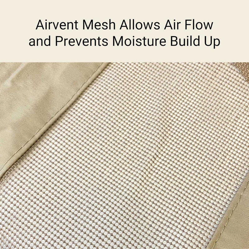 A detailed image showcases a fabric mesh labeled "Airvent Mesh Allows Air Flow and Prevents Moisture Build Up," featuring a light-colored, loosely woven texture surrounded by solid fabric. This breathable design is perfect for protecting the Patio Double Chaise Lounge Cover 84"L x 60"W x 24"H in Classic Taupe by Formosa Covers, making it ideal for outdoor daybed protection and as a weatherproof patio cover.