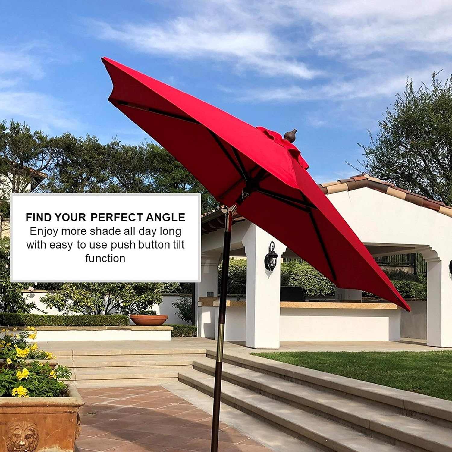 7ft Wooden Patio Garden Market Umbrella with Tilt Mechanism Red