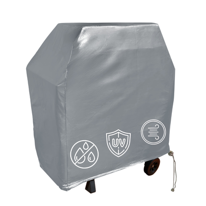 A BBQ Outdoor Grill Cover from Formosa Covers, measuring 48"L x 24"D x 40"H, is made from grey vinyl and features symbols indicating water resistance, UV protection, and wind resistance. This heavy-duty cover is primarily grey and fits snugly over the grill while leaving part of the grill's legs and wheels visible at the bottom, ensuring all-weather protection.