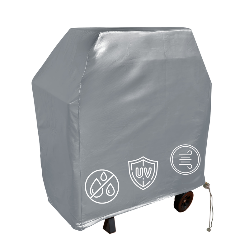 The Formosa Covers BBQ Outdoor Grill Cover, measuring 36"L x 26"D x 46"H and crafted from grey vinyl, provides exceptional protection against water, UV rays, and wind, as denoted by three icons printed at the bottom. It fits securely over a rectangular grill with a drawstring to ensure a snug fit around the base and wheels.