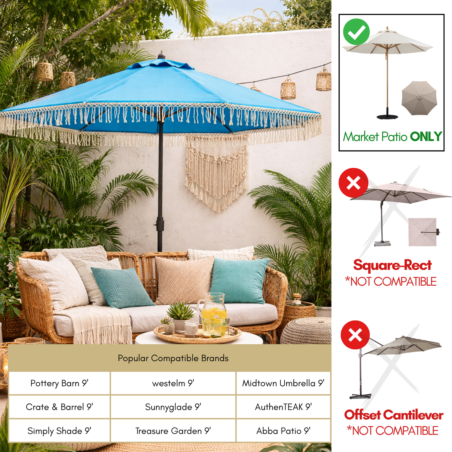 9ft 6 Ribs Replacement Umbrella Canopy w/ Tassels in Capri Blue Olefin (Canopy Only) - Formosa Covers