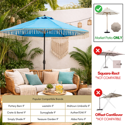 9ft 6 Ribs Replacement Umbrella Canopy w/ Tassels in Capri Blue Olefin (Canopy Only) - Formosa Covers