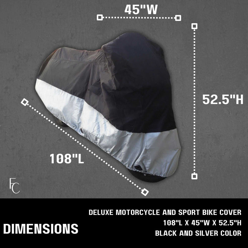 A black and silver Formosa Covers Deluxe Motorcycle Cover, designed for all seasons and lightweight, is displayed with dimensions of 108 inches in length, 45 inches in width, and 52.5 inches in height. Text at the bottom reads "Deluxe Motorcycle Cover, All Season & Light Weight (XXL), 108"L x 45"W x 52.5"H, Black and Silver Color.