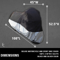 Introducing the Formosa Covers Heavy Duty Motorcycle Cover with Cable & Lock (XXL) in Black. This deluxe cover, made from heavy-duty weather-guard polyester, boasts dimensions of 45 inches wide, 52.5 inches high, and 108 inches long. Pictured against a dark background, this black and silver motorcycle cover is ideal for protecting your motorcycle or sport bike.