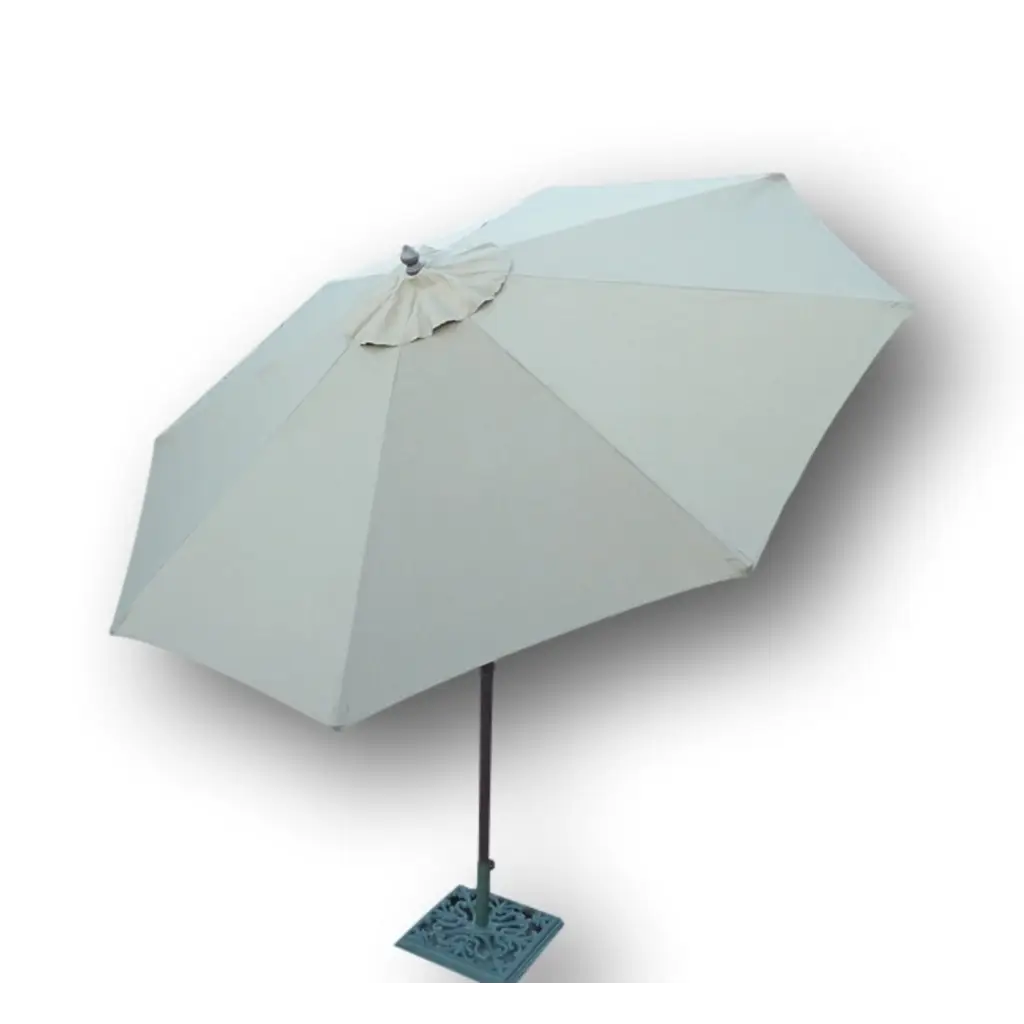 9ft taupe aluminum patio garden umbrella with crank and tilt mechanism.