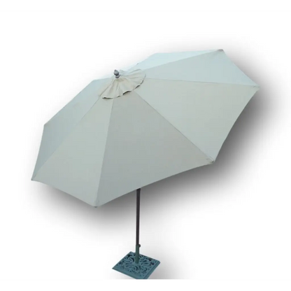 9ft taupe aluminum patio garden umbrella with crank and tilt mechanism.